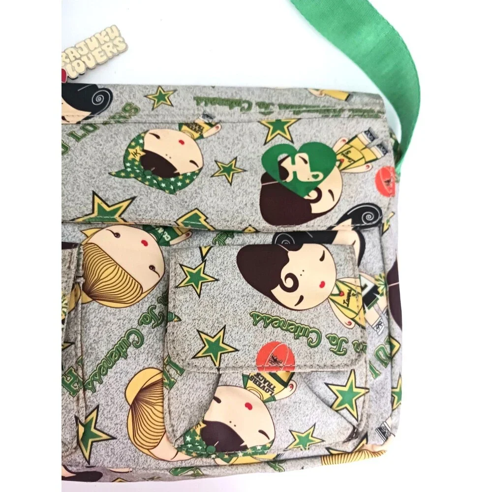 Harajuku Lovers Nylon Messenger Bag Gray / Green AOP Bag Charm 11X4X8